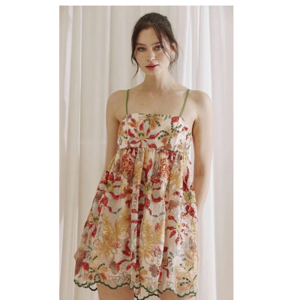Storia Floral Embroidered Sequin Babydoll Mini Dress Womens S Pink Cocktail